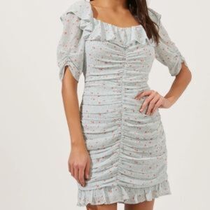 ASTR The Label Ditsy Floral Ruffle Ruched Mini Dress Women's M Blue Cottagecore
